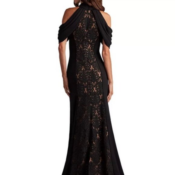 Tadashi Shoji Black Nude Kato Embroidered Off-Shoulder Halter Gown - Picture 5 of 7